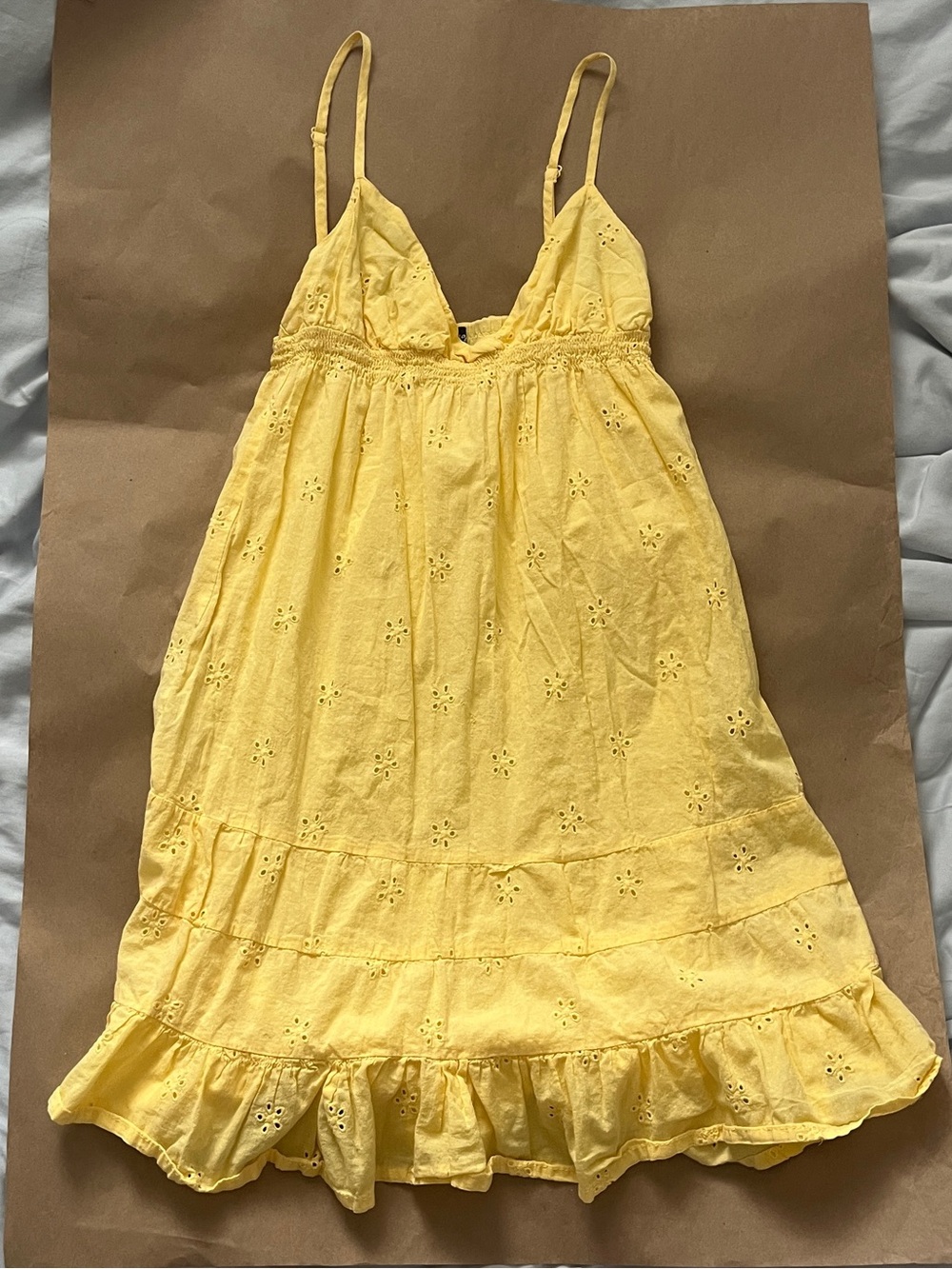 Yellow eyelet babydoll dress with adjustable straps